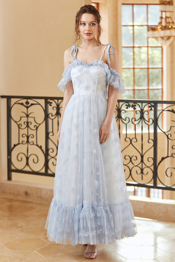 Princess A Line Off the Shoulder Light Blue Long Formal Dress
